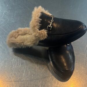 Black Fur-Lined Loafers with gold Detail